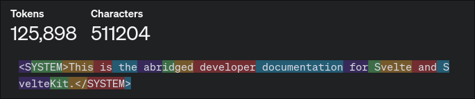 A Image of OpenAI's Tokenizer Demo, with the contents of Svelte's Shortened LLM Documentation File in the input field, not captured in this image. OpenAI's Tokenizer Algorithm calculates 126 Thousand Tokens (Rounded Up) and 511 Thousand Characters.